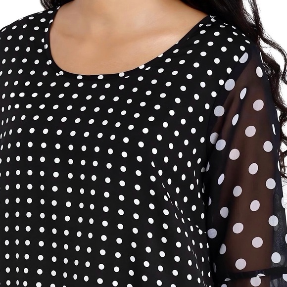 New Black & White Polka Dot Light 3/4 Bell Sleeve Georgette Top - Women's Small - Picture 3 of 6